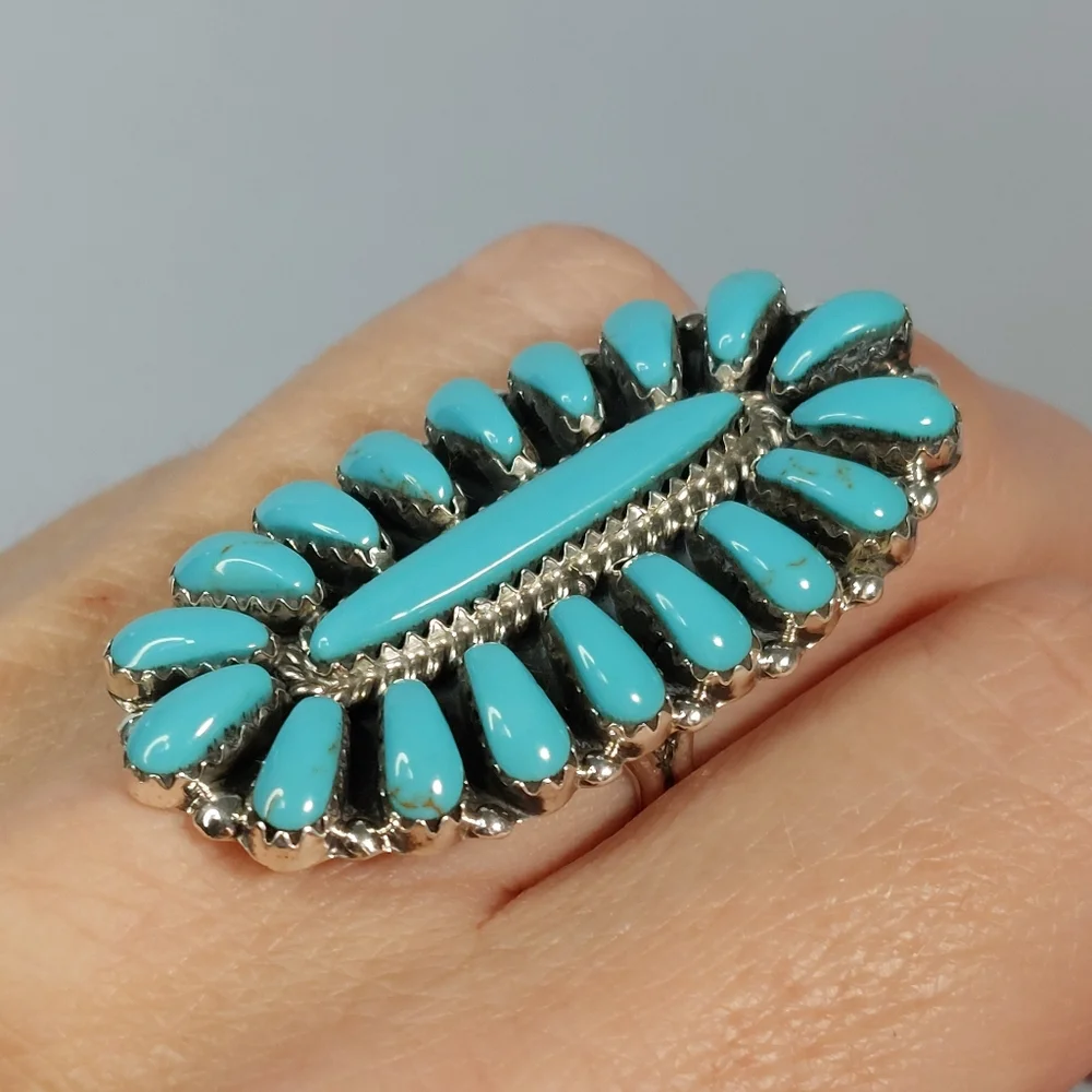 Vintage Navajo Sterling Turquoise Cluster Ring Davina Benally Size 8 - Picture 2 of 9